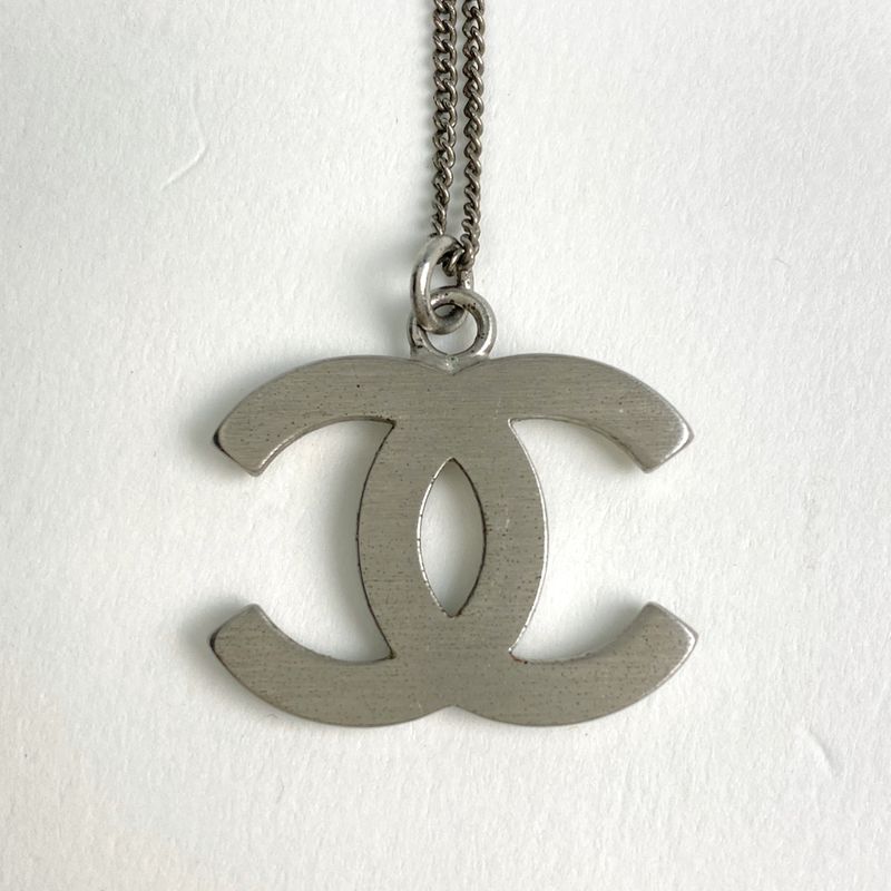 Chanel Coco Mark Rhinestone Necklace CC Necklace Silver Plated Rhinestone