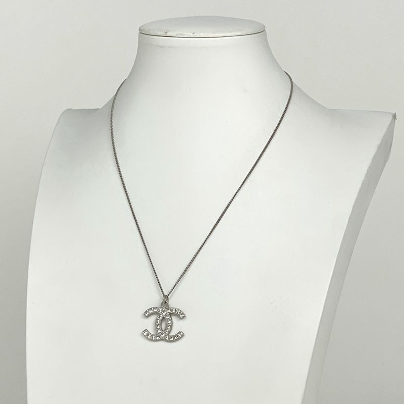 Chanel Coco Mark Rhinestone Necklace CC Necklace Silver Plated Rhinestone