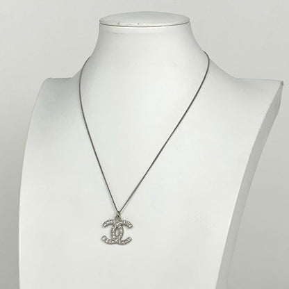 Chanel Coco Mark Rhinestone Necklace CC Necklace Silver Plated Rhinestone