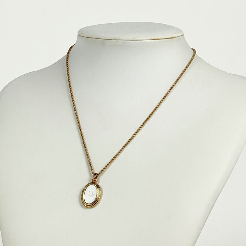 Christian Dior Logo Necklace Oval Necklace GP Gold White Women