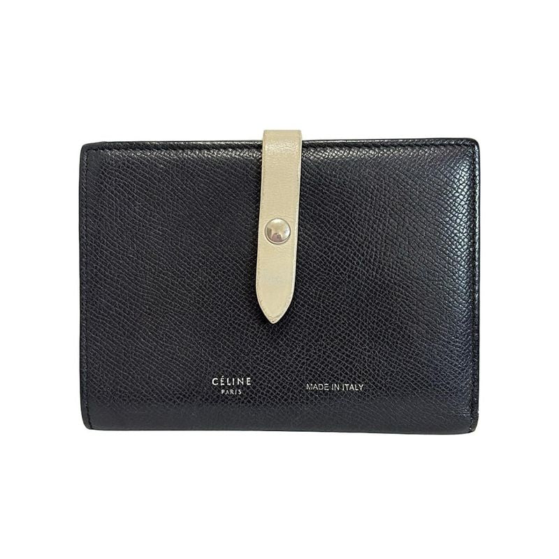 Celine Bifold Wallet Medium Strap Wallet Black and Beige Leather