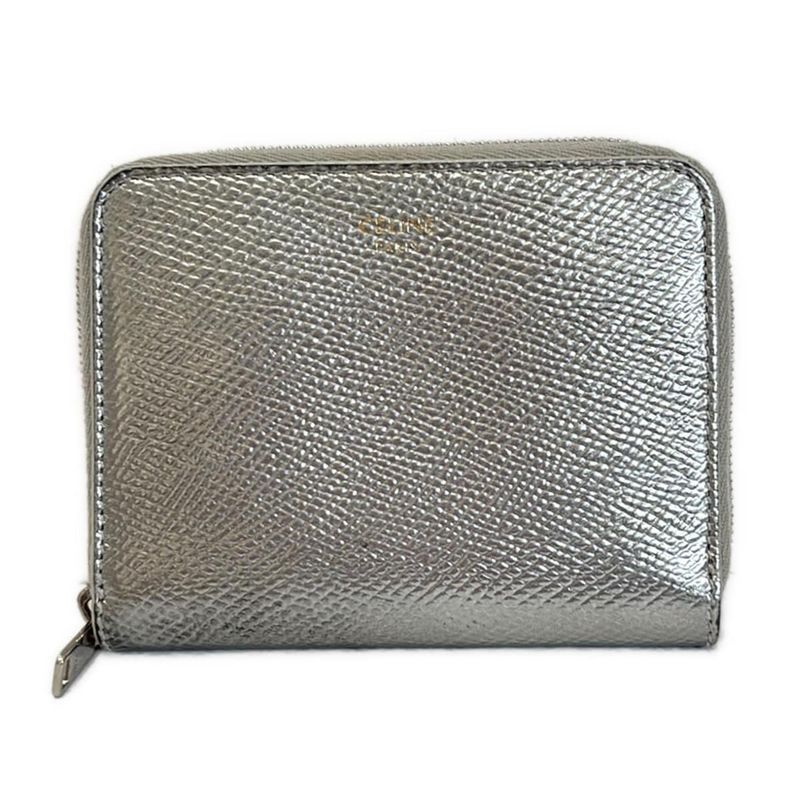 Celine Coin Case - Silver Round Zipper Leather