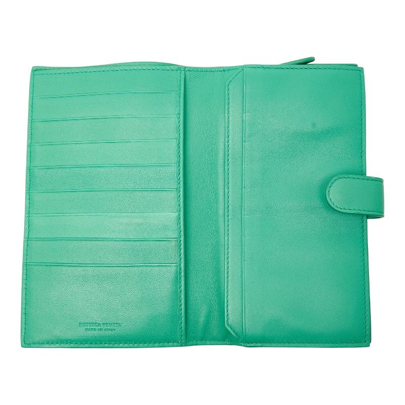 Bottega Veneta Intrecciato Round Zipper Long Wallet Green Leather Women's