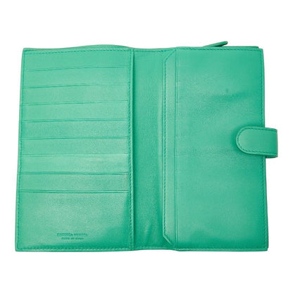 Bottega Veneta Intrecciato Round Zipper Long Wallet Green Leather Women's