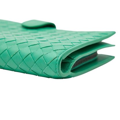 Bottega Veneta Intrecciato Round Zipper Long Wallet Green Leather Women's