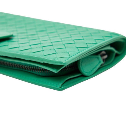 Bottega Veneta Intrecciato Round Zipper Long Wallet Green Leather Women's