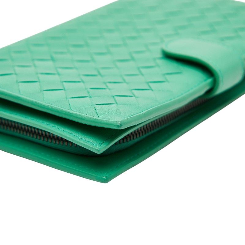 Bottega Veneta Intrecciato Round Zipper Long Wallet Green Leather Women's