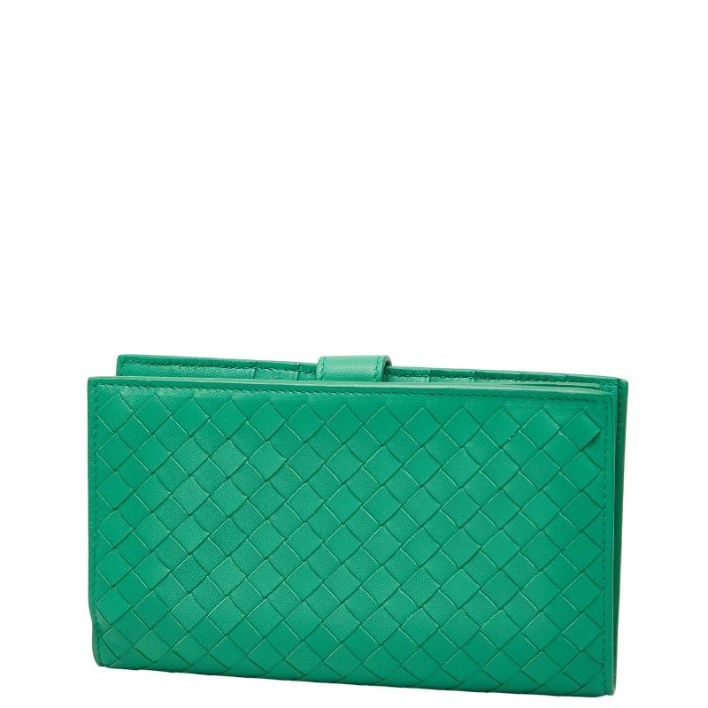 Bottega Veneta Intrecciato Round Zipper Long Wallet Green Leather Women's