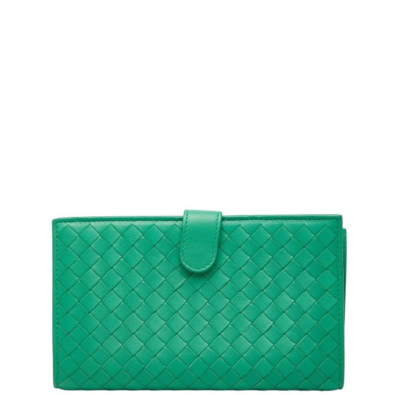 Bottega Veneta Intrecciato Round Zipper Long Wallet Green Leather Women's