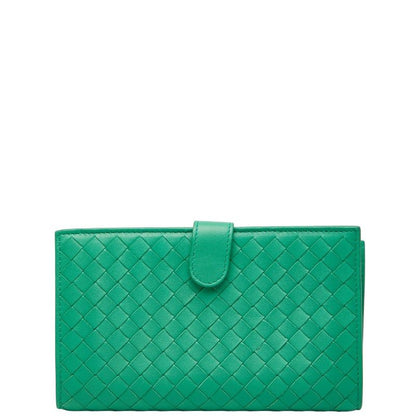 Bottega Veneta Intrecciato Round Zipper Long Wallet Green Leather Women's