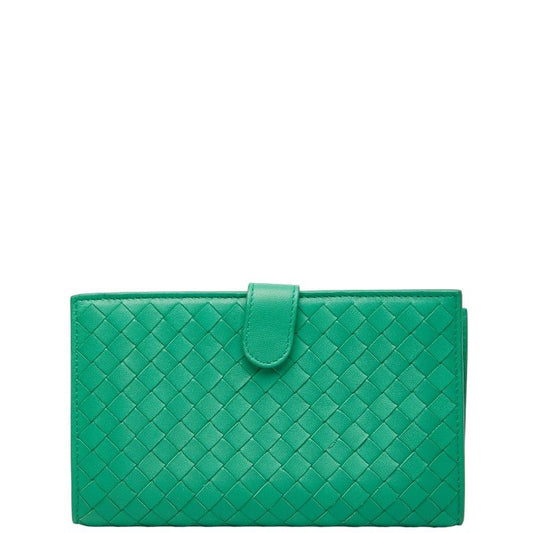 Bottega Veneta Intrecciato Round Zipper Long Wallet Green Leather Women's