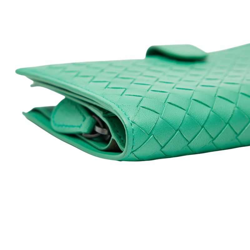 Bottega Veneta Intrecciato Round Zipper Long Wallet Green Leather Women's