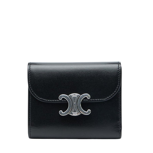 Celine Triomphe Small Flap Wallet Trifold Compact Wallet Black Leather Women's
