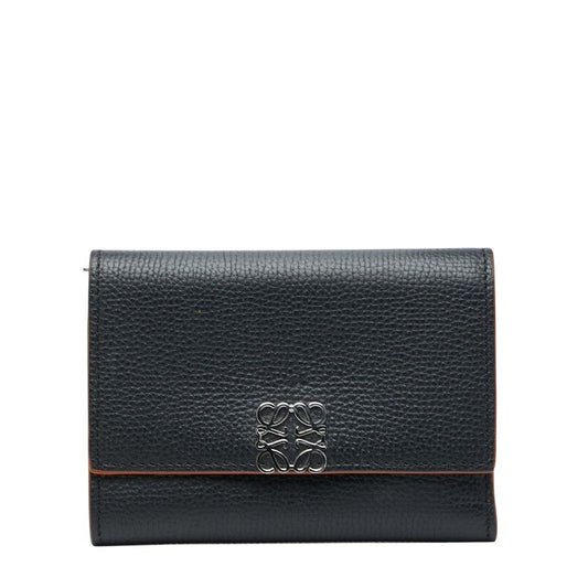 Loewe Anagram Trifold Compact Wallet Black Leather Women's Loewe