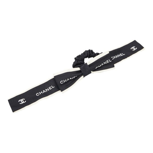 Chanel Coco Mark Logo Ribbon Chouche Hair Accessory Black White Silk Women's