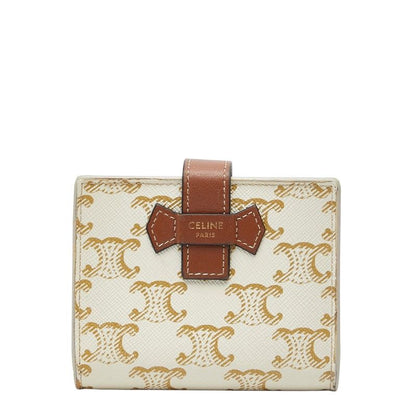 Celine Triomphe Small Strap Wallet Ivory Brown PVC Leather Women's Celine