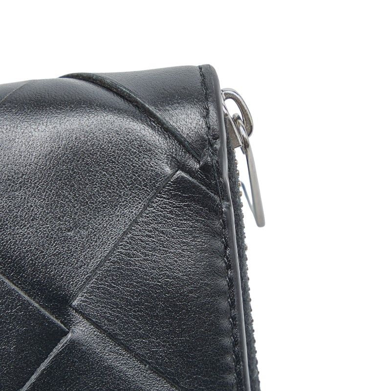 Bottega Veneta Intrecciato Round Zipper Long Wallet Black Leather Women Bottega