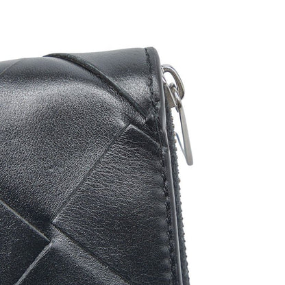 Bottega Veneta Intrecciato Round Zipper Long Wallet Black Leather Women Bottega