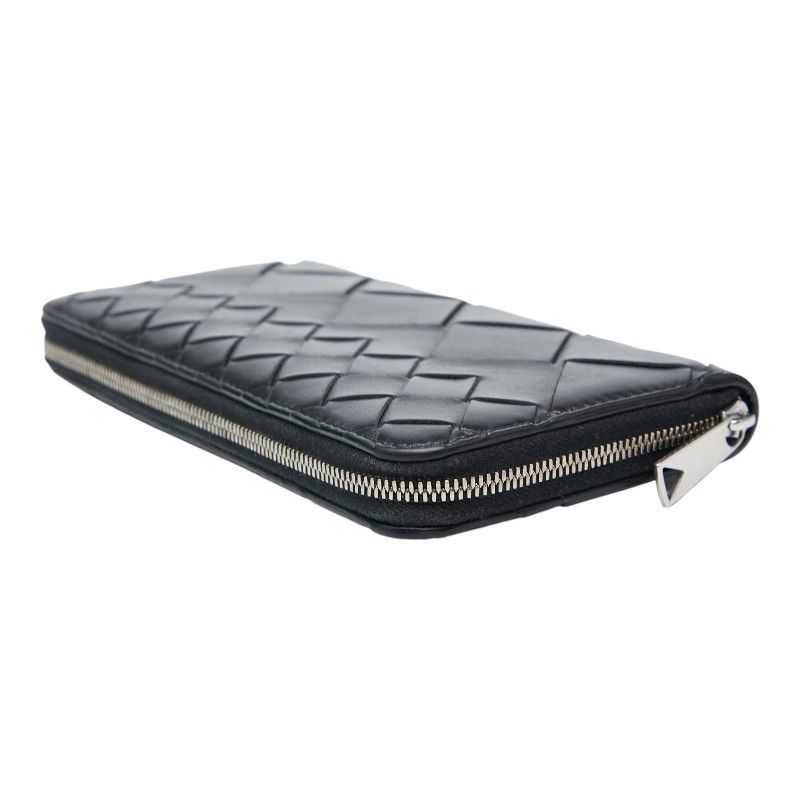 Bottega Veneta Intrecciato Round Zipper Long Wallet Black Leather Women Bottega