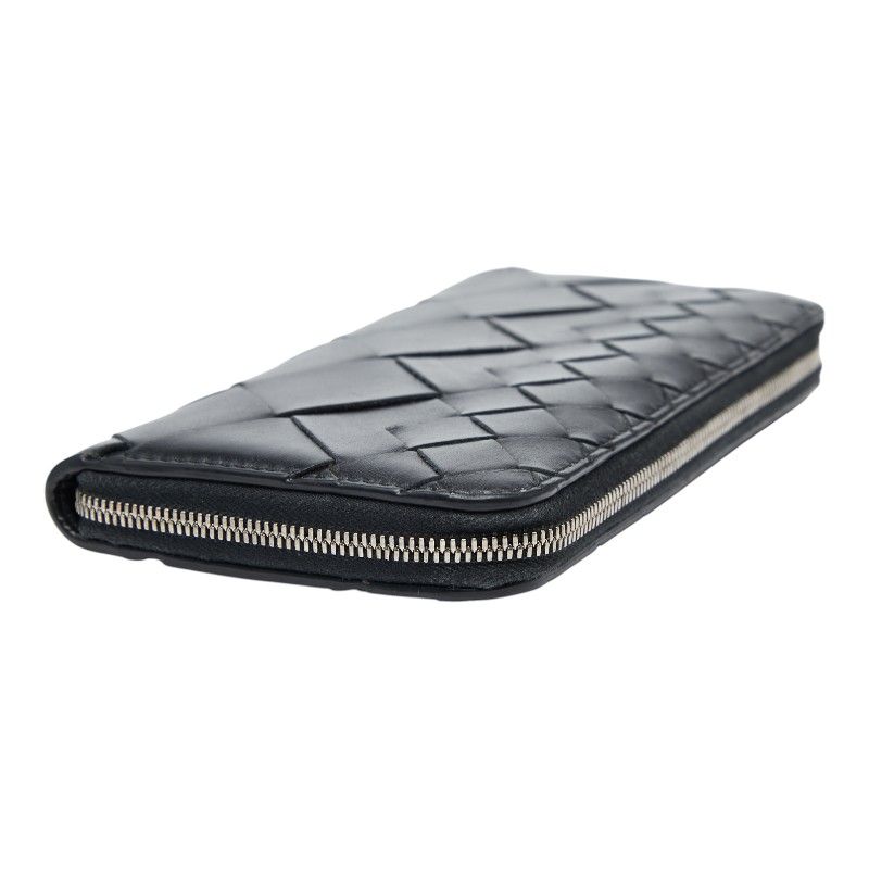 Bottega Veneta Intrecciato Round Zipper Long Wallet Black Leather Women Bottega