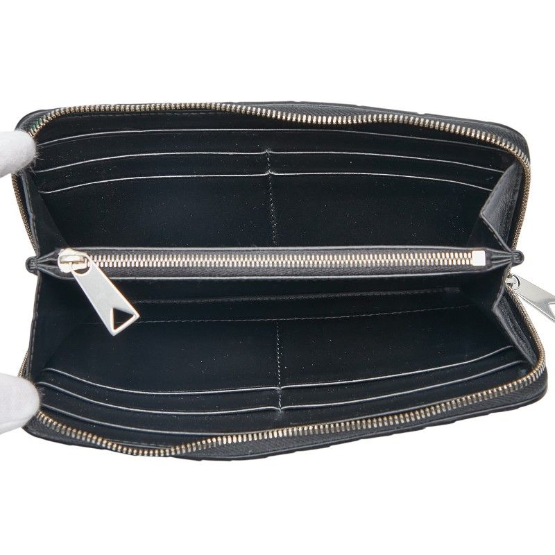 Bottega Veneta Intrecciato Round Zipper Long Wallet Black Leather Women Bottega