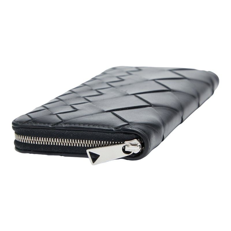 Bottega Veneta Intrecciato Round Zipper Long Wallet Black Leather Women Bottega