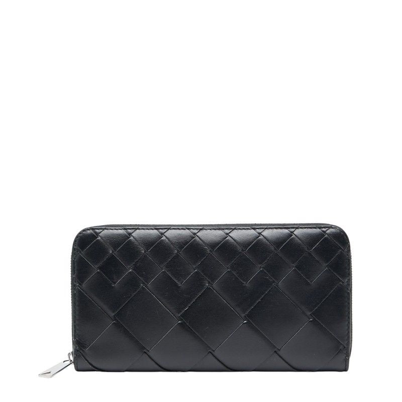 Bottega Veneta Intrecciato Round Zipper Long Wallet Black Leather Women Bottega
