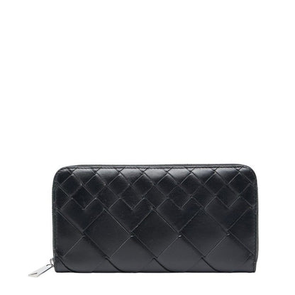 Bottega Veneta Intrecciato Round Zipper Long Wallet Black Leather Women Bottega