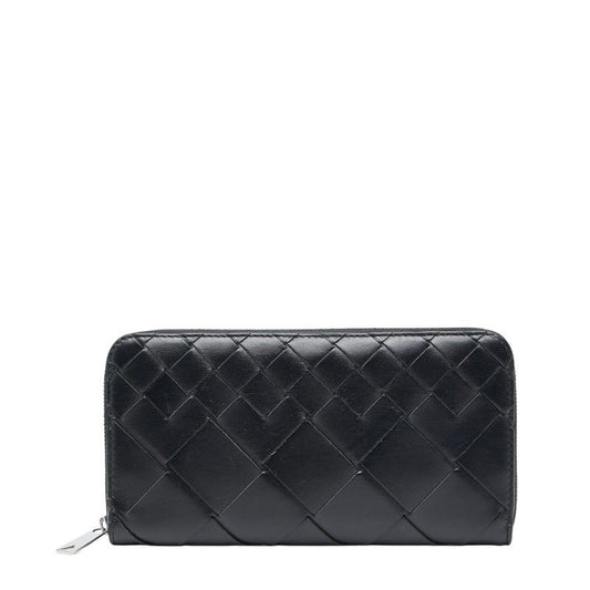 Bottega Veneta Intrecciato Round Zipper Long Wallet Black Leather Women Bottega