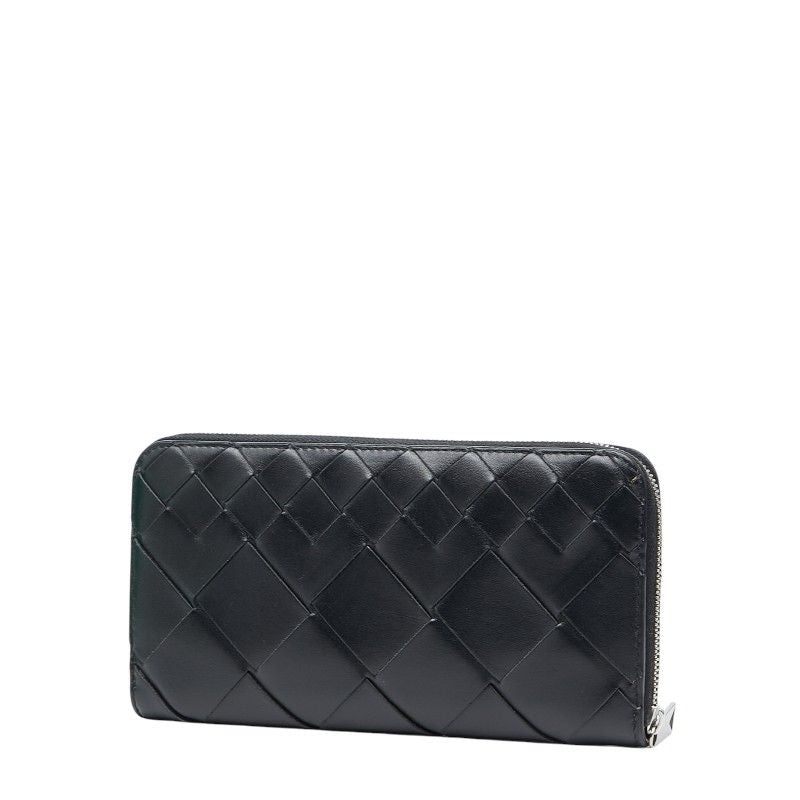 Bottega Veneta Intrecciato Round Zipper Long Wallet Black Leather Women Bottega