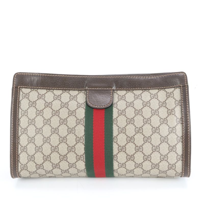 Old Gucci GG Supreme Sherry Line Leather Second Bag Clutch Pouch Brown Brand