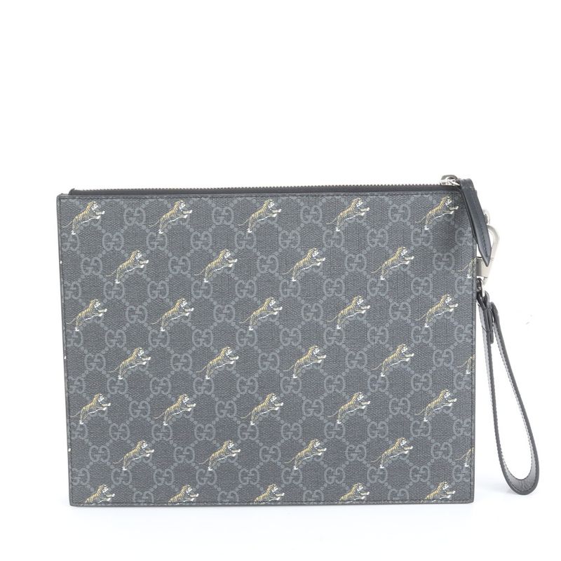 Unused Gucci GG Supreme Taiga Print 575136 Leather Second Bag Clutch Black