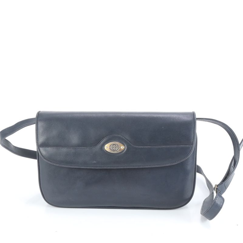 Vintage Old Gucci Leather Shoulder Bag Crossbody Navy Genuine Leather Women's