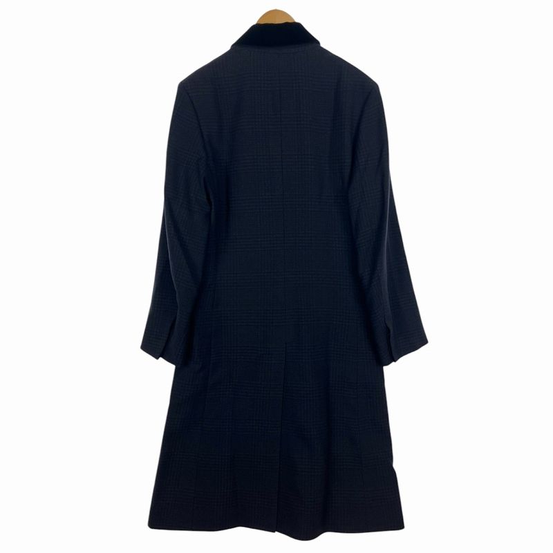 Hermes Chester Coat Long Shadow Glen Check Collar Velour 38 M Size Navy Blue