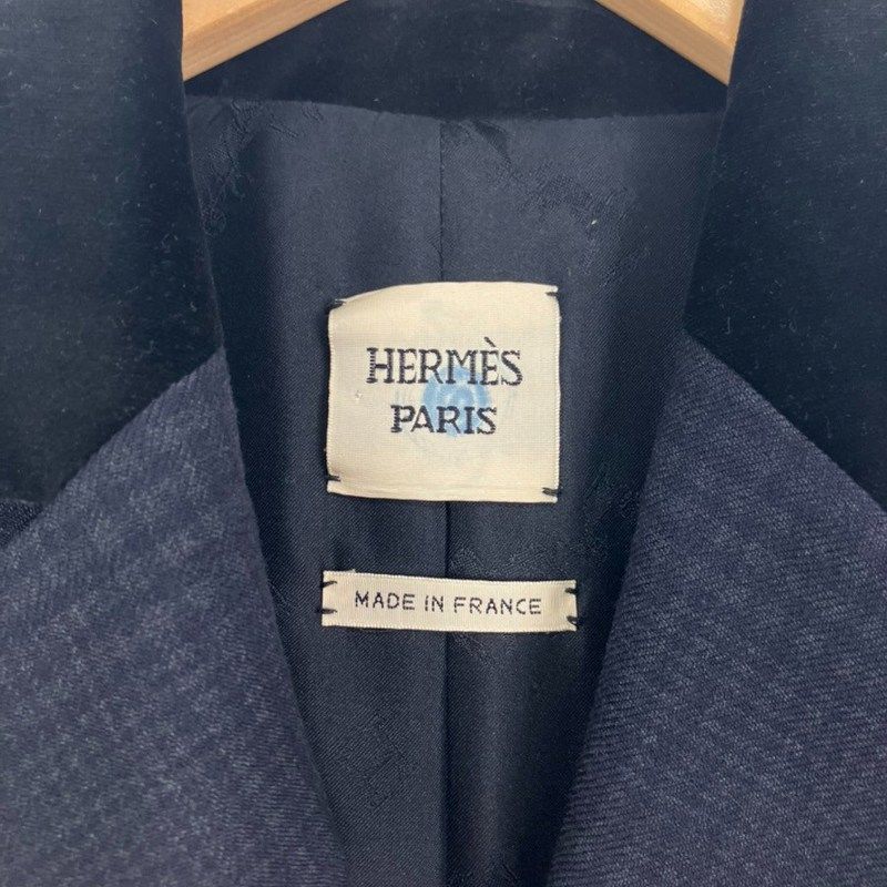 Hermes Chester Coat Long Shadow Glen Check Collar Velour 38 M Size Navy Blue