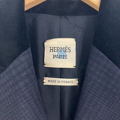 Hermes Chester Coat Long Shadow Glen Check Collar Velour 38 M Size Navy Blue