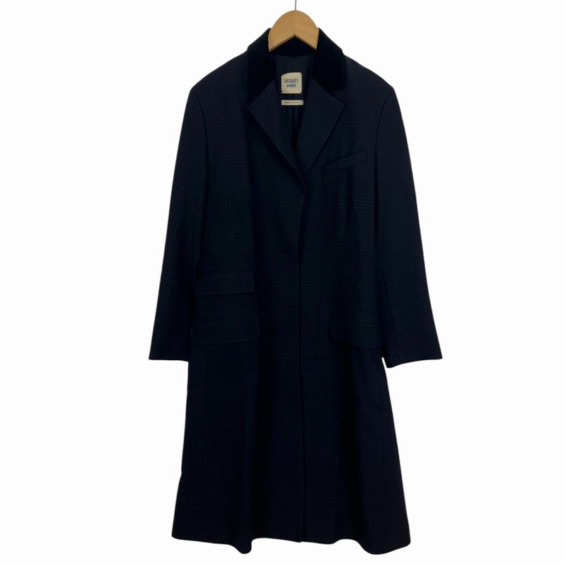 Hermes Chester Coat Long Shadow Glen Check Collar Velour 38 M Size Navy Blue