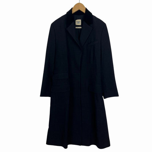 Hermes Chester Coat Long Shadow Glen Check Collar Velour 38 M Size Navy Blue