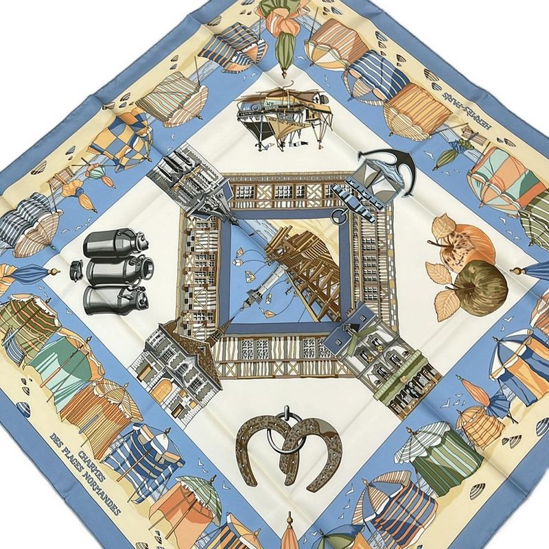 Hermes Scarf Carré 90 Ivory Light Blue and Multi Charmes des Plages Normandes