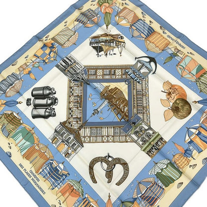 Hermes Scarf Carré 90 Ivory Light Blue and Multi Charmes des Plages Normandes