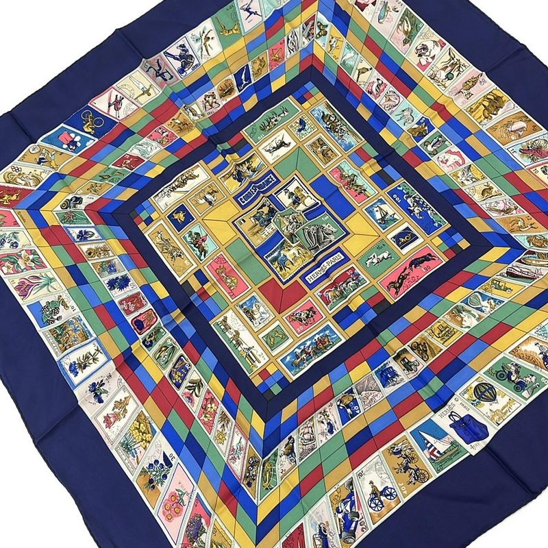 Hermes Carré 90 Like Scarf Navy Yellow and Multi Correspondance Stamps Silk