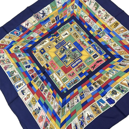 Hermes Carré 90 Like Scarf Navy Yellow and Multi Correspondance Stamps Silk