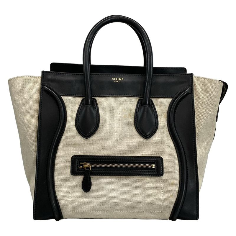 Celine Handbag Luggage Mini Shopper Black and Ivory Linen Leather