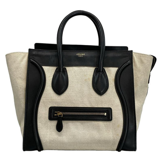 Celine Handbag Luggage Mini Shopper Black and Ivory Linen Leather