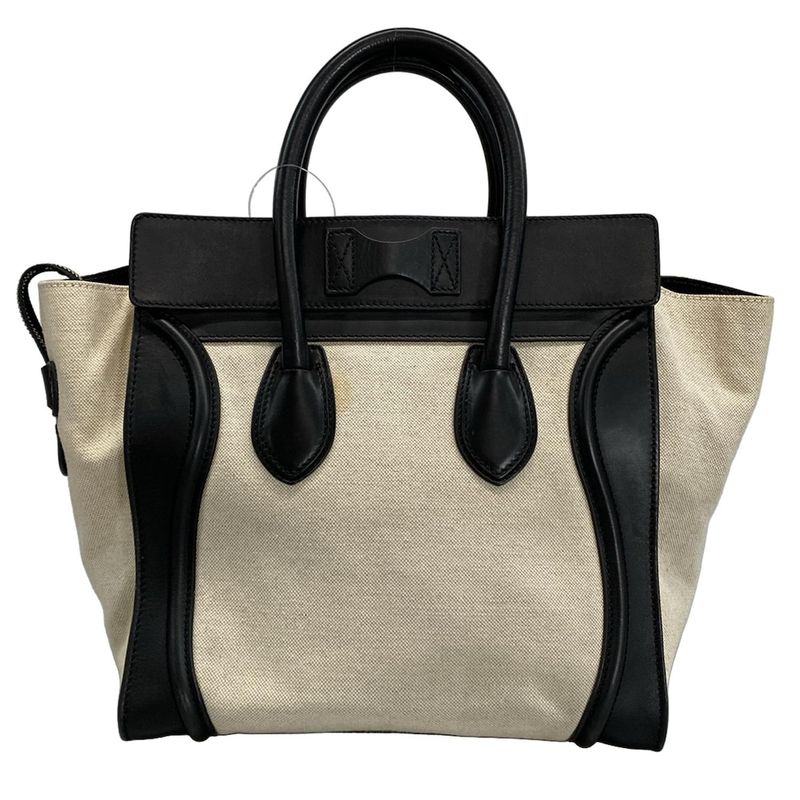 Celine Handbag Luggage Mini Shopper Black and Ivory Linen Leather