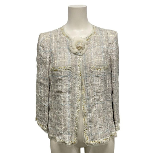 Chanel Jacket Size 42 L Women - P27799 Light Gray X Light Blue X Multi Tweed