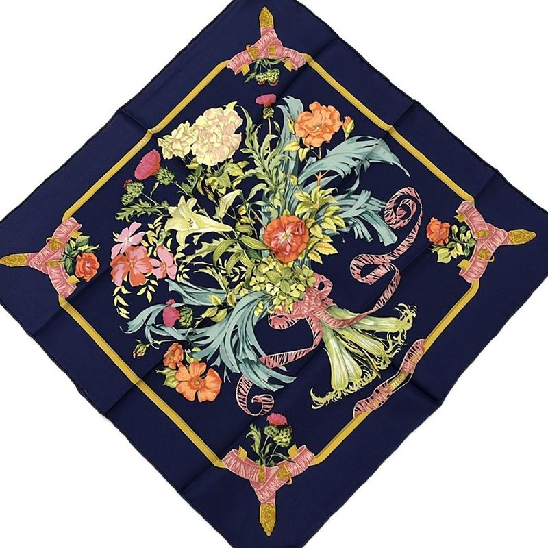 Hermes Scarf Petit Carré Navy and Pink and Multi Regina Silk Pocket Chief