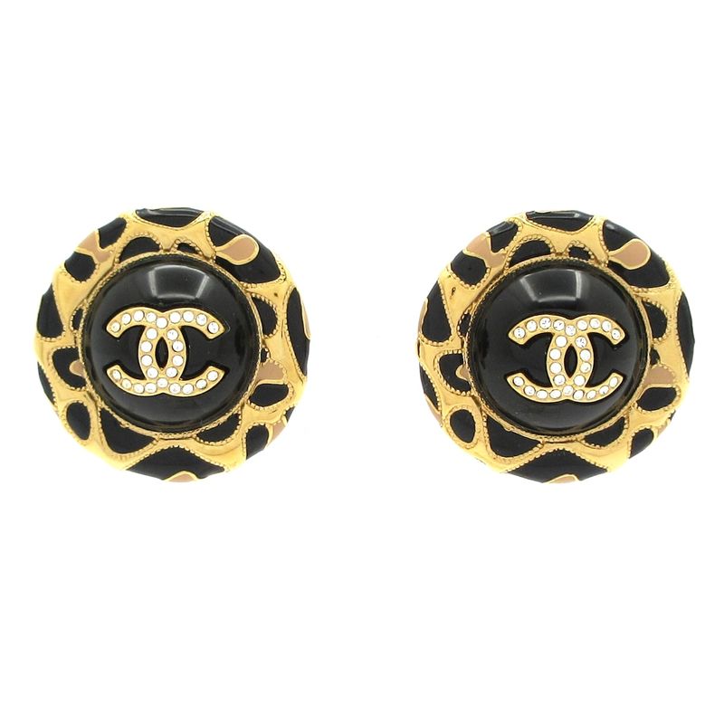 Chanel Earrings Black×gold×clear Coco Mark