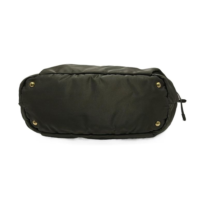 Prada Tote Bag Logo Jacquard Khaki X Dark Brown Leather Tag Draw String Shape