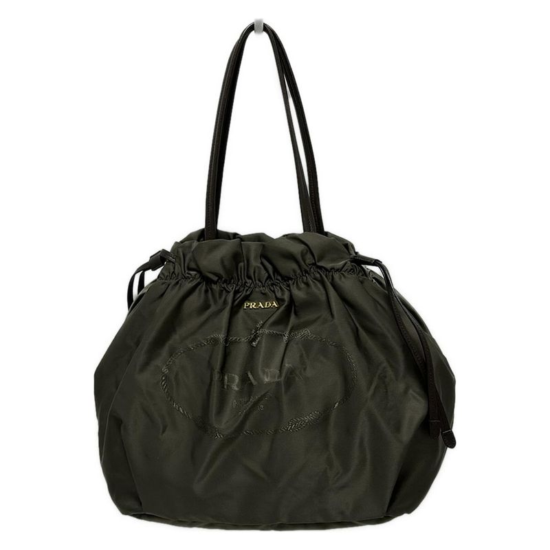 Prada Tote Bag Logo Jacquard Khaki X Dark Brown Leather Tag Draw String Shape
